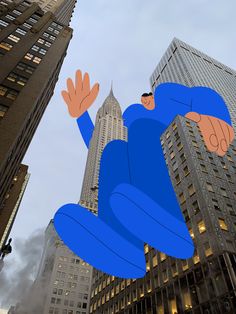 an animated image of a blue man in the middle of a city with skyscrapers