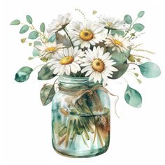 watercolor painting of daisies in a mason jar with green leaves and flowers on the side