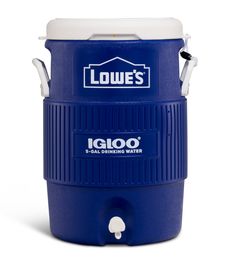 a large blue cooler sitting on top of a white table