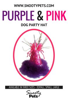 the purple and pink dog party hat is shown in front of a white background with text