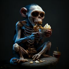 a skeleton eating popcorn while sitting on a table