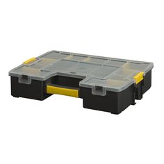 a plastic storage box with yellow handles and two trays on the bottom, one is empty