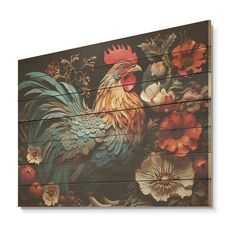 a rooster painted on the side of a wooden fence with flowers and leaves around it