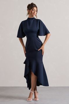 Lavinia Navy High-Neck Flutter-Sleeve Asymmetric Maxi Dress – Club L London - USA Navy Graduation Dress, Statement Heels, African Outfits, Club L London, Dress Graduation, Black Dress Prom, Black Tie Gala, Fashion Hijab, Christmas Party Dress