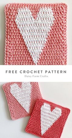 two crocheted coasters with hearts on them and the words free crochet pattern