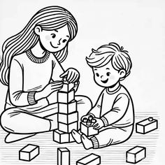 a black and white drawing of a mother playing with her son on the floor,