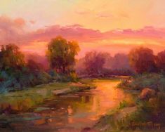 an oil painting of a river at sunset