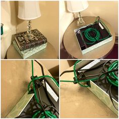 four different views of a table with books and wires attached to it, including a lamp