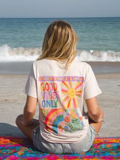 Comfy Tee Shirt - Good Vibes Only-view 1 Beachy Relaxed Fit T-shirt For Summer, Relaxed Fit Hippie T-shirt For Summer, Simple Hoodies, Vsco Relaxed Fit T-shirt For Surfing, Vsco Style Surfing T-shirt In Relaxed Fit, Bohemian Graphic Print T-shirt For Beach, Boho Color, Life Logo, Preppy Life