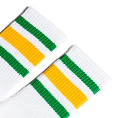 White athletic socks with green and gold stripes for men, women and children. Stripe Socks, Classic Americana, Comfy Socks, Modern Tech, Striped Socks, Tube Socks, Gold Stripes, White Sock, Retro Vibe