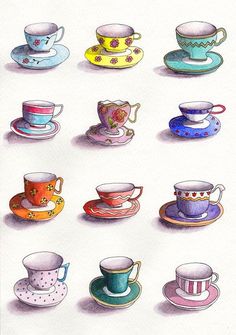 a drawing of many different cups and saucers