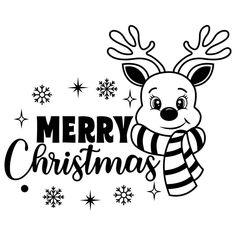 merry christmas reindeer with striped scarf and snowflakes on white background, black and white illustration