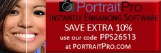 a woman with long hair is smiling and has the text portrait pro instant enhance software save extra 10 % use code pps035131313