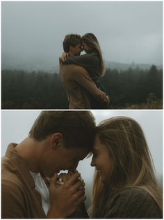 two photos of a man and woman embracing each other in front of the camera with foggy mountains behind them