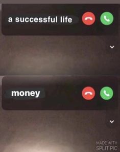 two buttons with different words on them that say money and a successful life, made with split pic