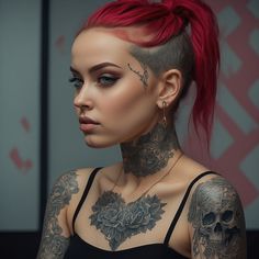 a woman with red hair and tattoos on her face is looking off to the side