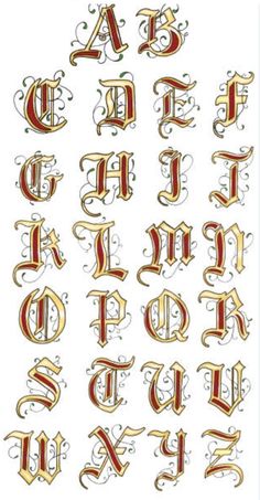 an old english alphabet with swirly letters and numbers on it's sides, all in