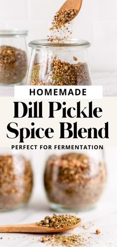 homemade dill pickle spice blend in a glass jar with a wooden spoon on the side