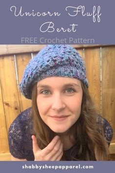 a woman wearing a knitted hat with the text, free crochet pattern