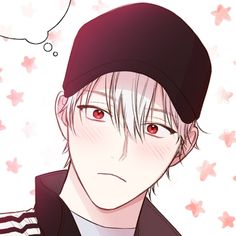 an anime character with red eyes and a black cap on his head is looking at the camera