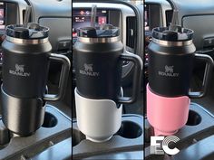 three different views of the same cup holder in a truck's dashboard, with one holding a coffee mug