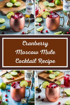 cranberry moscow mule cocktail recipe with limes and cranberries in the background