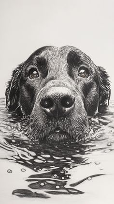 a black and white drawing of a dog in the water with his head above the water's surface