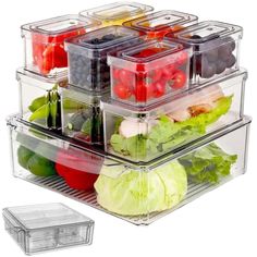 four clear containers filled with different types of fruits and vegetables on top of each other