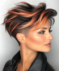 Undercut Pixie with Fall Hair  for an Edgy Look ⚡ Funky Hair Colours For Short Hair, Pixie Colored Hair Ideas, Redhead Hair Color, Fall Hair Colors Copper, The Undercut, Highlight Ideas, Shaved Hair Cuts, Shaved Hair Designs, Short Hair Images