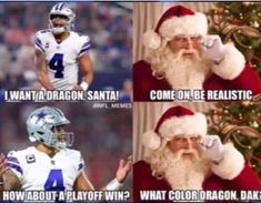 two pictures with santa claus and cowboys football players in the same team's uniforms