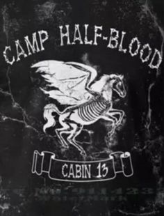 a sign that says camp half - blood with a skeleton riding a horse on it