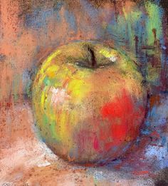 an apple is shown in pastel on a table