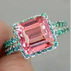 Pink Asscher Cut With Green Round Diamond Ring / - Etsy Pink Emerald Ring For Wedding, Pink Emerald Wedding Ring, Diamond Rings With Price, Pink Emerald, Round Diamond Ring, Padparadscha Sapphire, Asscher Cut, Rings For Girls, Blue Apatite