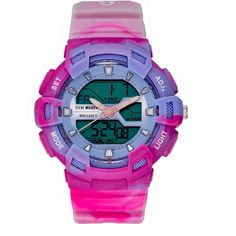 Functions Include: Chronograph, Alarm, Countdown Timer, Dual Time, Military Time, And Backlight With Three Second Delay. Lavender And Pink Resin Case With Mineral Crystal Lens. Analog Digital Display With Time Seconds Day And Date. Water Resistant Up To 300 Feet. Silicone Strap With Buckle Closure. Unisex Great Gift. Military Time, Steve Madden High Heels, Steve Madden Wallet, Steve Madden Purse, Steve Madden Store, Pink Watch, Silver Sneakers, Countdown Timer, Pink Lavender