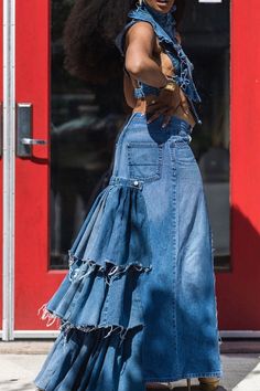 Hyperbolic Patchwork Tiered Ruffle Denim Skirt – NAMCOVERSE Ruffle Denim Skirt, Boho Denim, Color Party, Denim Maxi Dress, Backless Mini Dress, Creation Couture, Bodycon Dress Parties, Denim Mini Dress, Tiered Maxi Dress