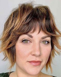 Ear Length Shag, Shag Hairstyles Micro Bangs, Shag Haircut With Micro Bangs, Short Brown Shag, Hair Cuts