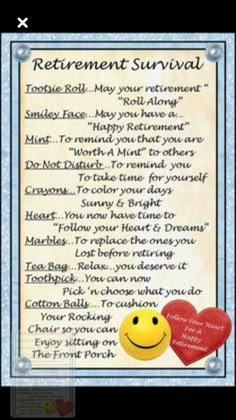 a card with the words retirement survival written on it and a smiley face next to it