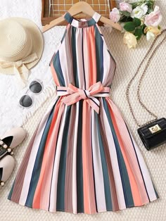 Styles For Kids Dress, Girls Clothes Design, Teen Dresses, Sleevless Dress, Classy Short Dresses, Striped Dresses, Halter Dresses, Short Dress Styles