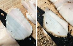 two pictures of fish being cut up on a cutting board