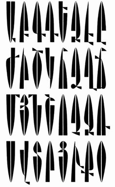 black and white silhouettes of different knives on a white background, each with an individual's name