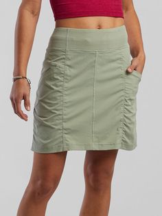 Prana Hiking Skort: Evergreen | Title Nine Casual Skort For Summer Outdoor Activities, Casual Summer Skort For Outdoor Activities, Casual Summer Outdoor Skort, Stretch Green Hiking Bottoms, Green Stretch Hiking Bottoms, Casual Outdoor Skort With Pockets, Casual Green Moisture-wicking Skort, Title Nine Clothing, Hiking Skirt