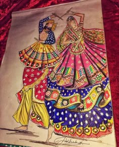 a drawing of two women dressed in colorful clothing, one holding a fan and the other dancing