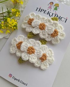 two crocheted flowers are sitting on top of a card next to yellow flowers