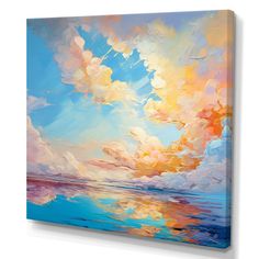 an oil painting on canvas of clouds over the ocean with blue sky and sun reflecting in water