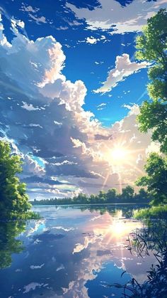 the sun shines brightly through the clouds over a body of water surrounded by trees