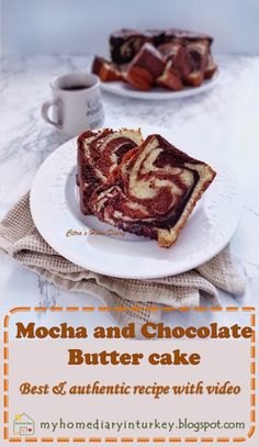 two slices of chocolate butter cake on a white plate with the title mocha and chocolate butter cake best & authentic recipe with video