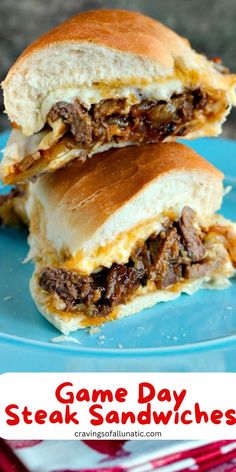 Steak sandwich cut into halves and piled on top of one another on a blue plate. Steak Sandwiches, Steak Sandwich, Think Food, Chapati, Soup And Sandwich, 21 Day Fix, Barbecue Sauce, Beef Dishes, Quesadillas