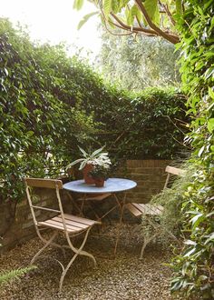 an outdoor table with two chairs and a potted plant on it in the middle of a garden