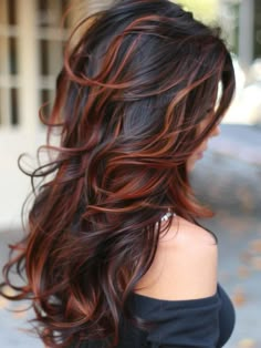 Dark Brown Bayalage With Red, Dark Hair With Cinnamon Highlights, Brunette Hair With Ginger Highlights, Black And Copper Hair Highlights, Brunette With Burgundy Highlights, Cinnamon Bayalage Brunette, Fall Caramel Highlights, Different Color Highlights, Cinnamon Spice Hair Color