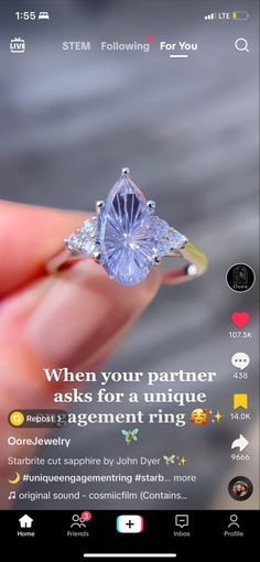 someone is holding a ring in their hand with the words, when your partner asks for a unique engagement ring